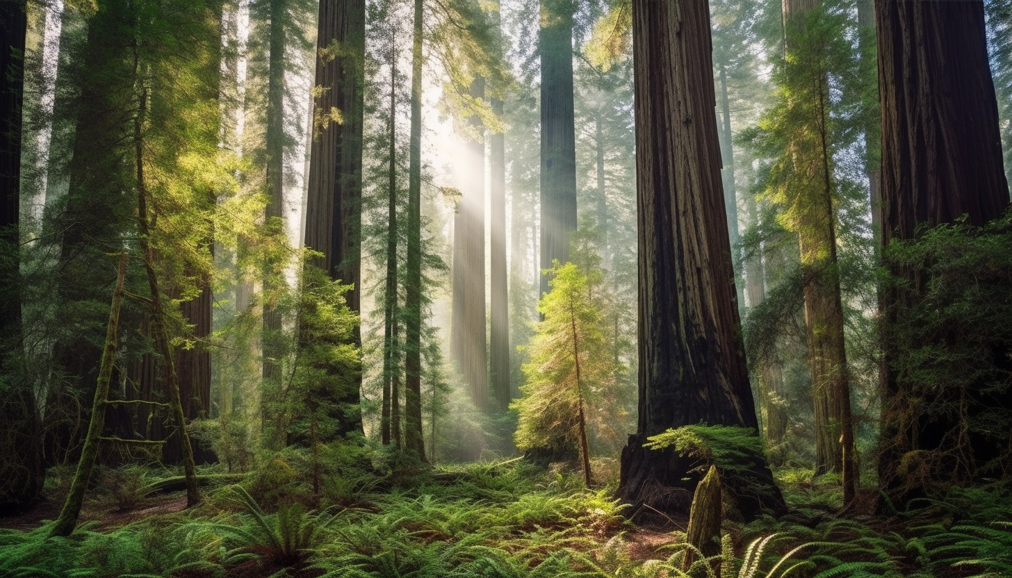 Majestic redwood trees towering in an ancient forest.