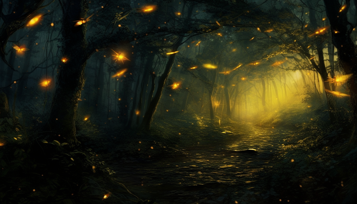 Fireflies illuminating a dark forest at dusk.