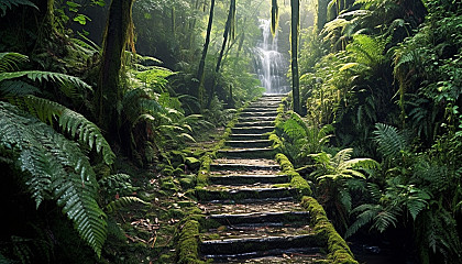 A zigzag path leading through dense ferns to a hidden waterfall.