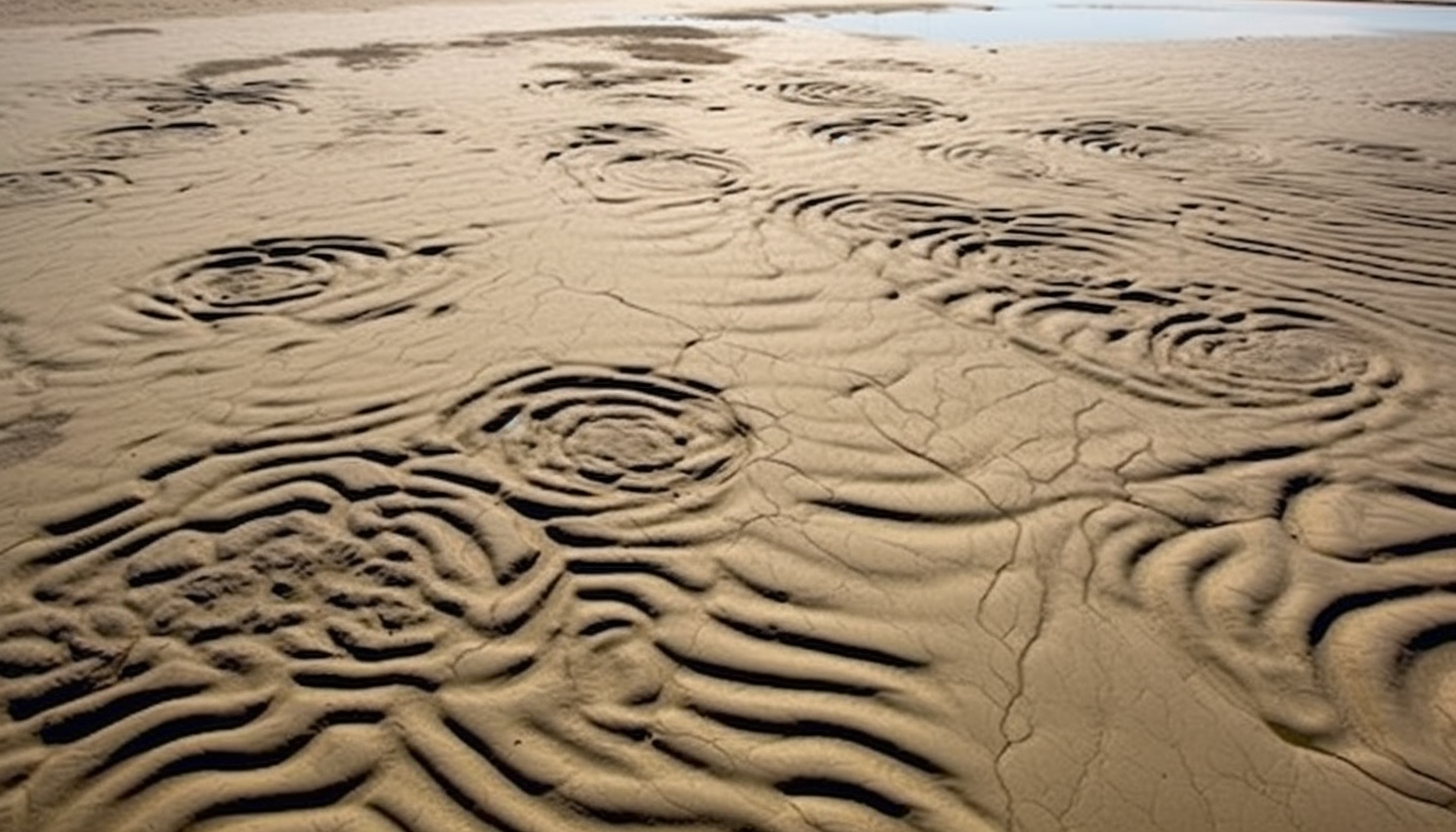 Patterns in the sand left by the receding tide.