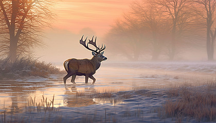 A wild deer appearing from the mist in a quiet, frosty morning.