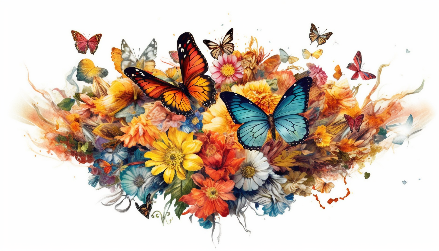 A swarm of colorful butterflies around a blooming flower.