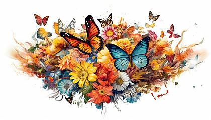 A swarm of colorful butterflies around a blooming flower.