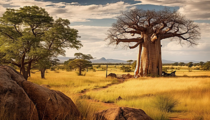 An ancient baobab tree standing tall in a savannah landscape.