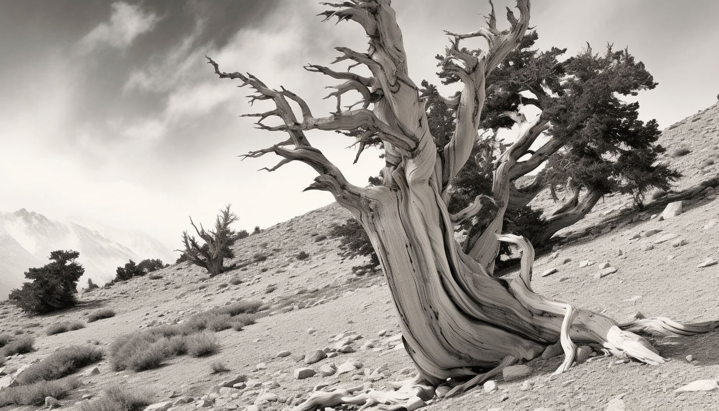 Twisted, ancient bristlecone pines in a high altitude landscape.