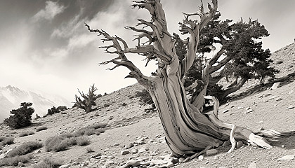 Twisted, ancient bristlecone pines in a high altitude landscape.