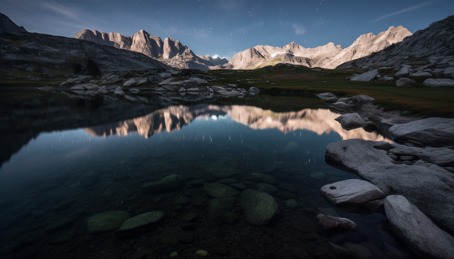 Stars reflected in a placid alpine lake.