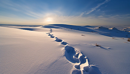 Footprints leading through untouched snow.