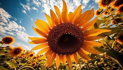 An ant's eye view of a towering sunflower.