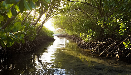 Lush mangroves lining a coastal waterway.