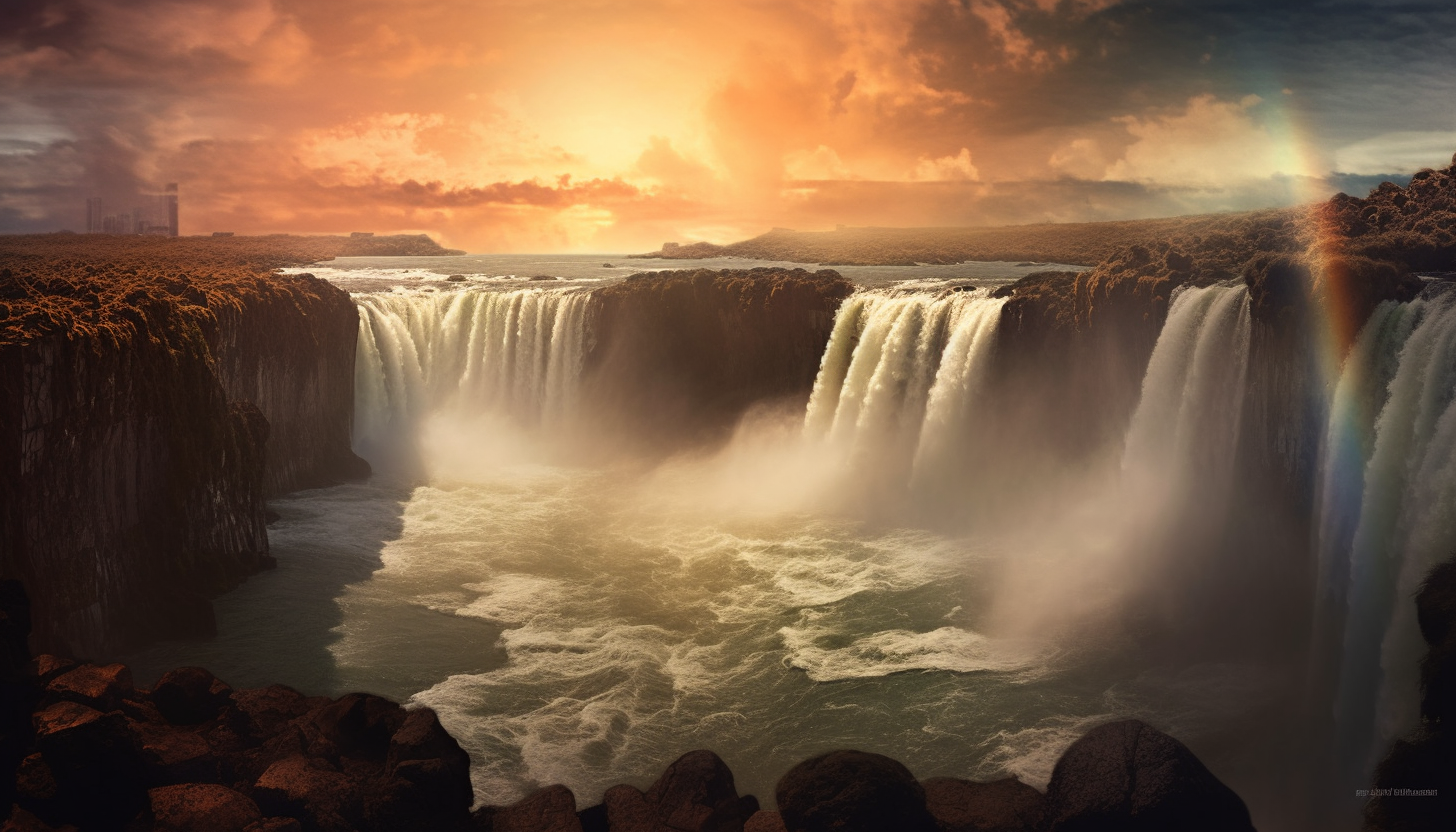 A rainbow arching over a cascading waterfall.