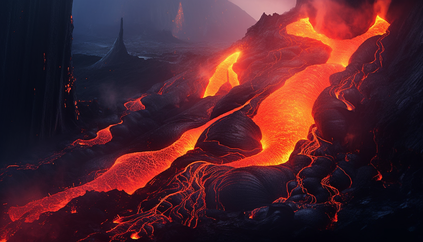 Fiery lava flowing down a rugged volcanic slope.