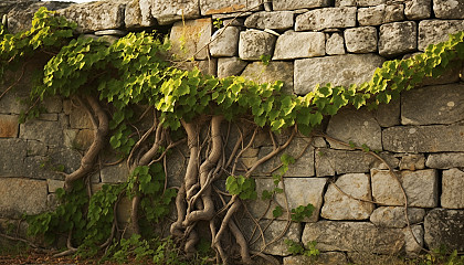 Vines creeping up an ancient stone wall.