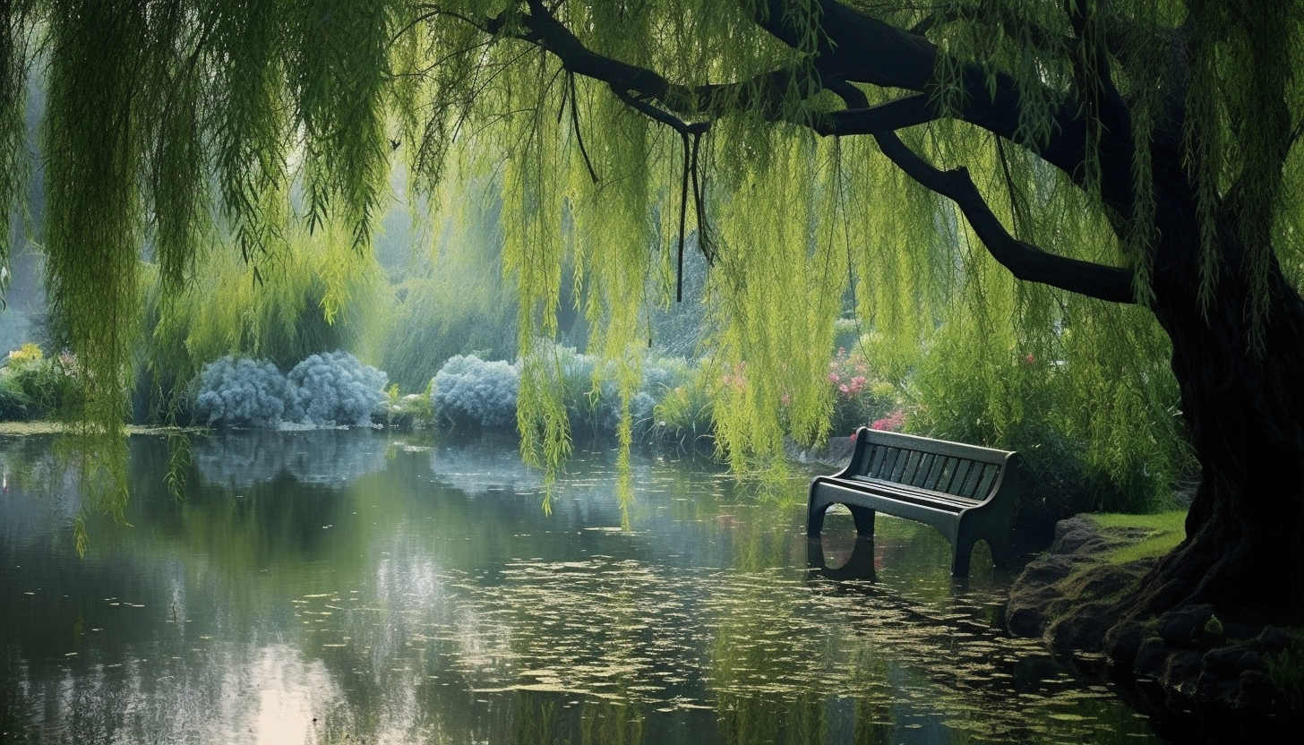 A tranquil pond reflecting a weeping willow in full bloom.