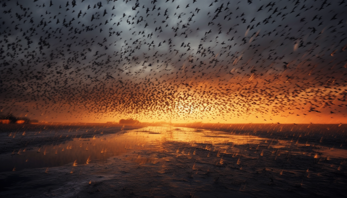 A murmuration of starlings moving like a dark cloud across the sky.