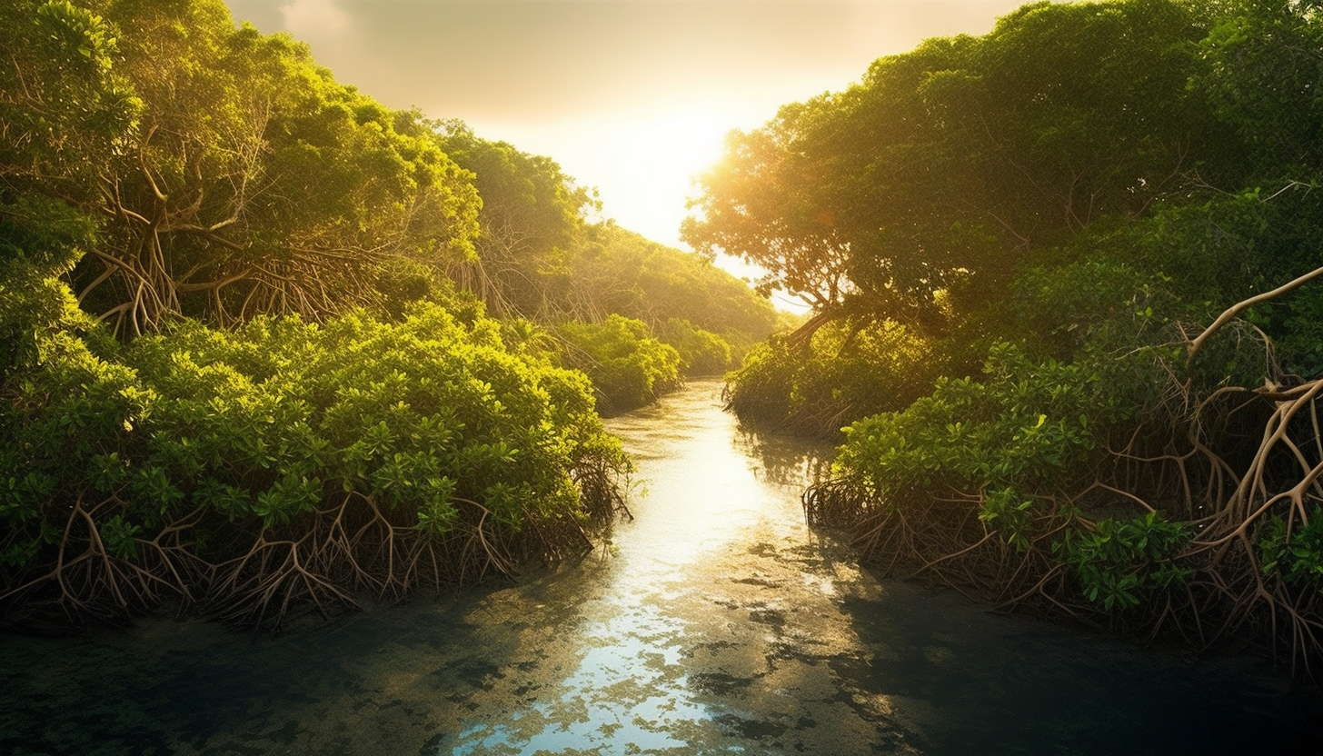 Lush mangroves lining a coastal waterway.