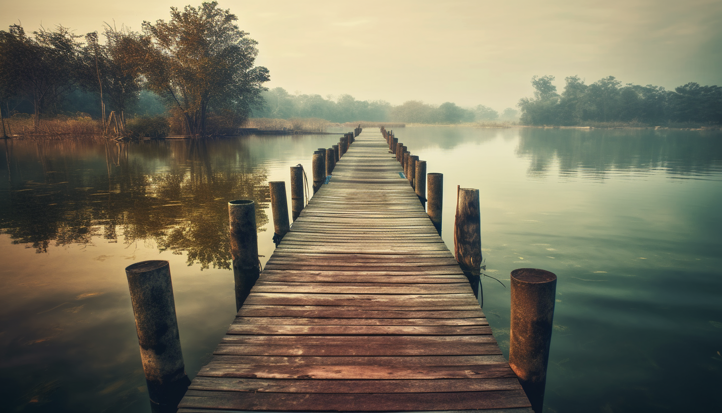 A long, narrow jetty extending out into a serene lake.