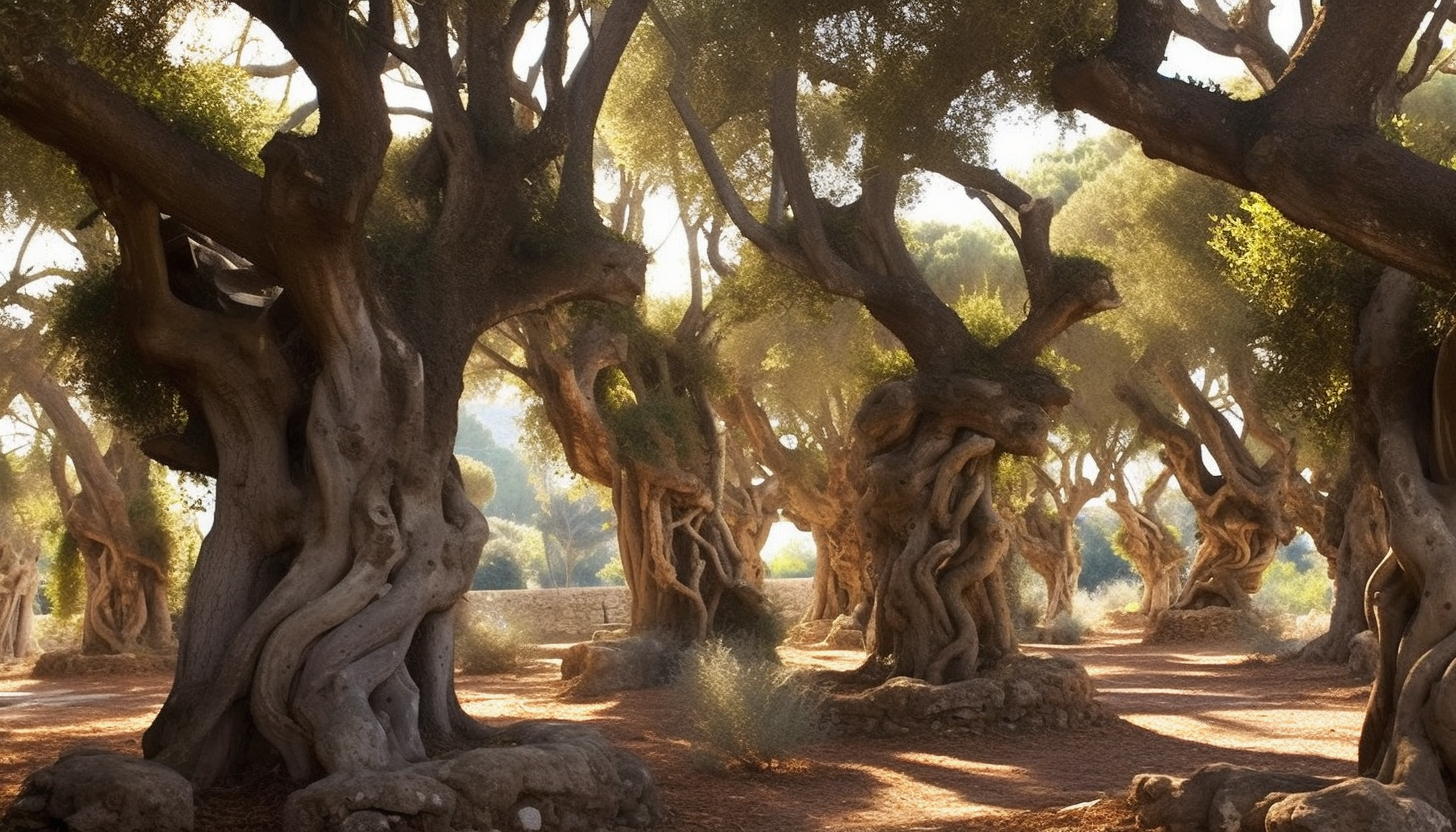 A grove of ancient olive trees basking in the Mediterranean sun.