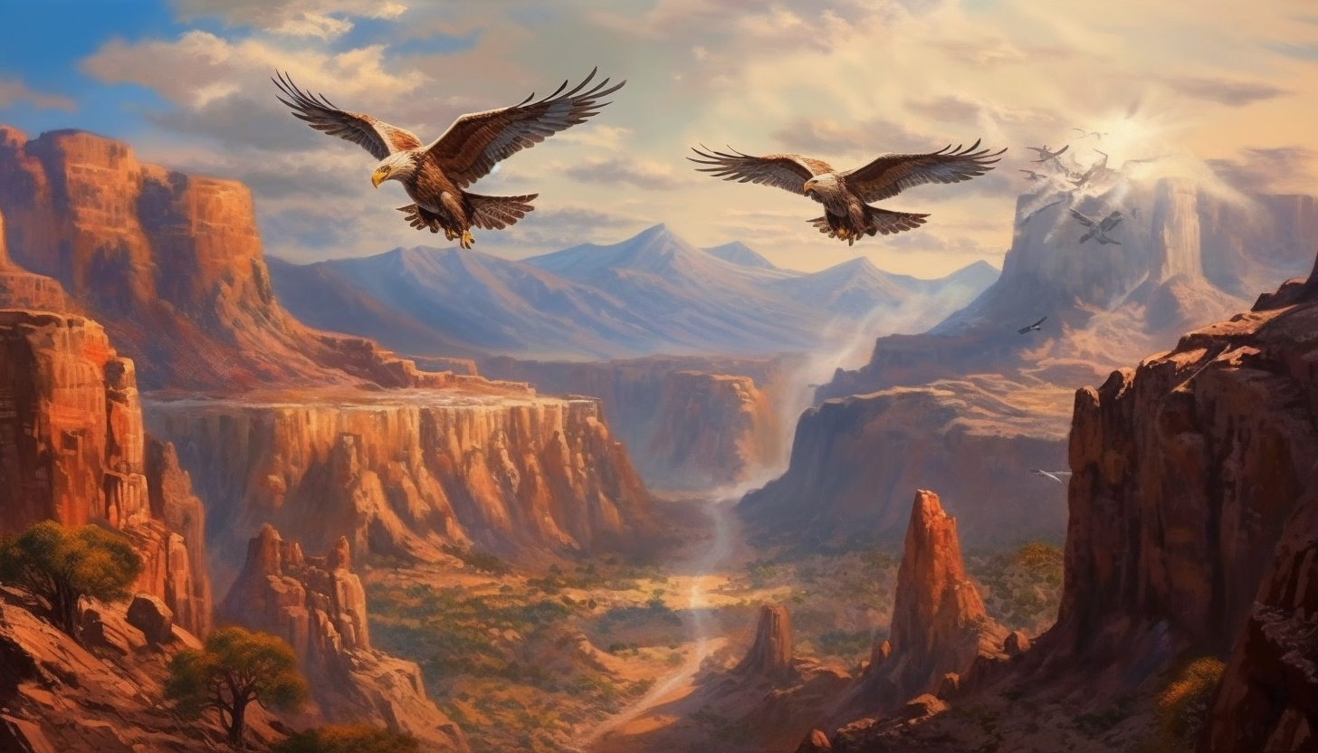 Majestic eagles soaring above a rugged canyon.