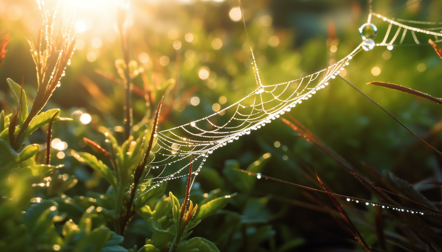 Dew-covered cobwebs glittering in the morning sun.