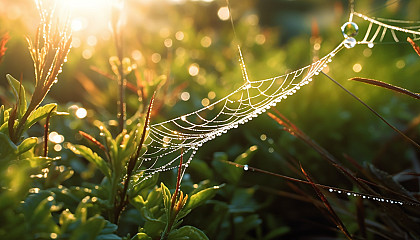 Dew-covered cobwebs glittering in the morning sun.