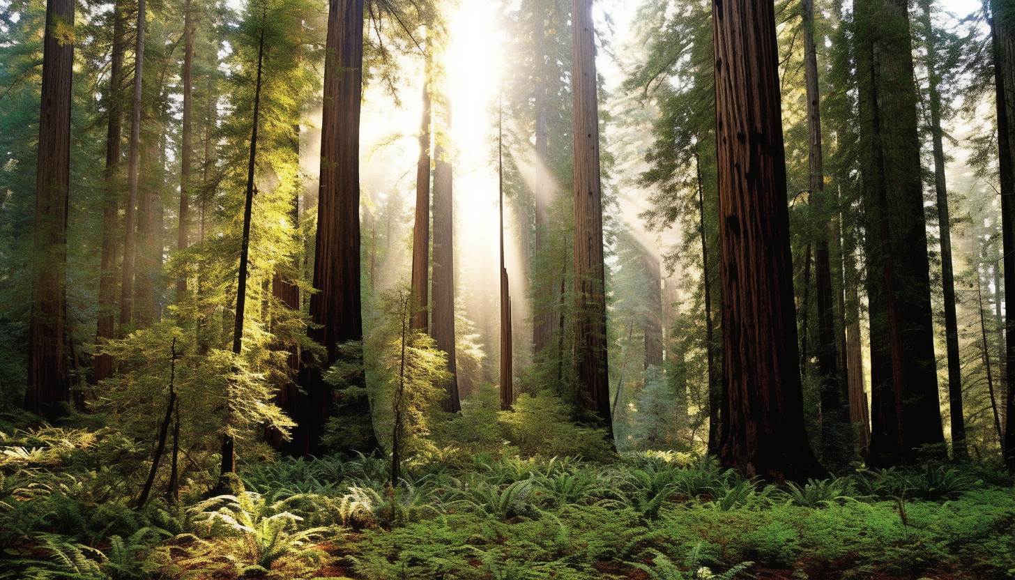 Majestic redwood trees towering in a sun-dappled forest.