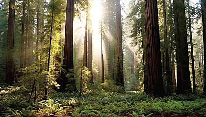 Majestic redwood trees towering in a sun-dappled forest.