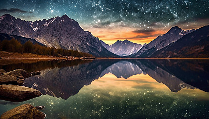 The reflection of the Milky Way on a still mountain lake.