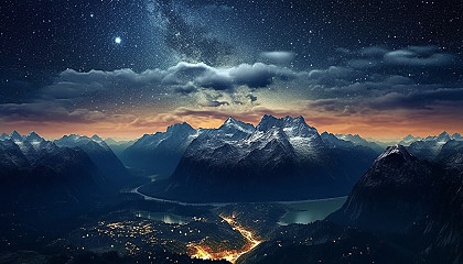 A mountain range silhouetted against a sky filled with stars.