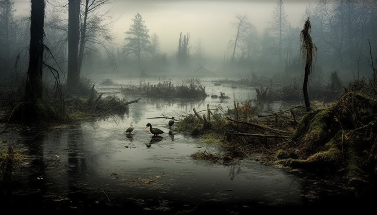 A foggy, mysterious swamp teeming with unseen wildlife.