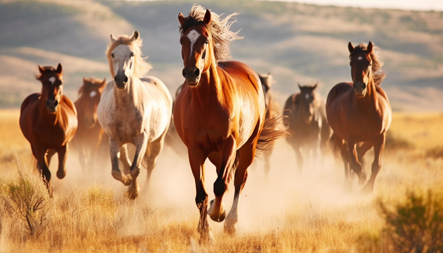 Wild horses galloping across open prairie land.