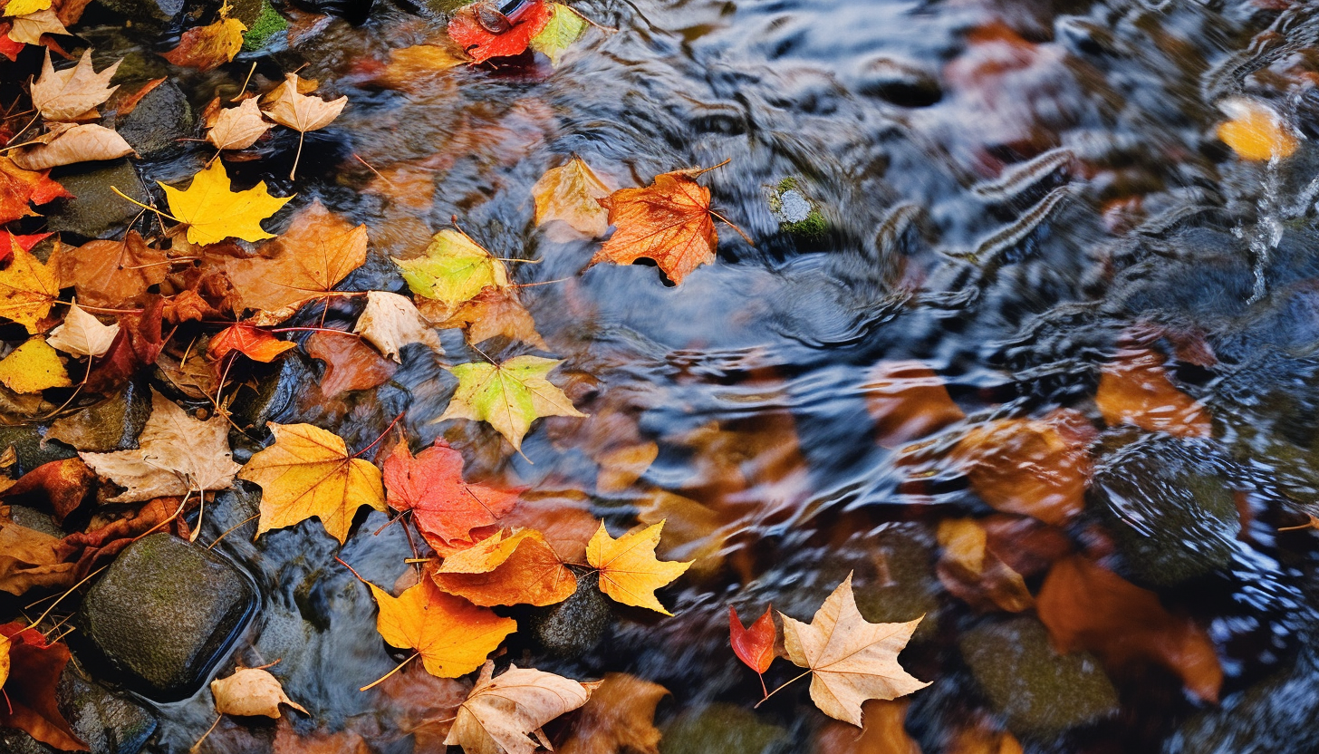 Brightly colored autumn leaves floating down a stream.