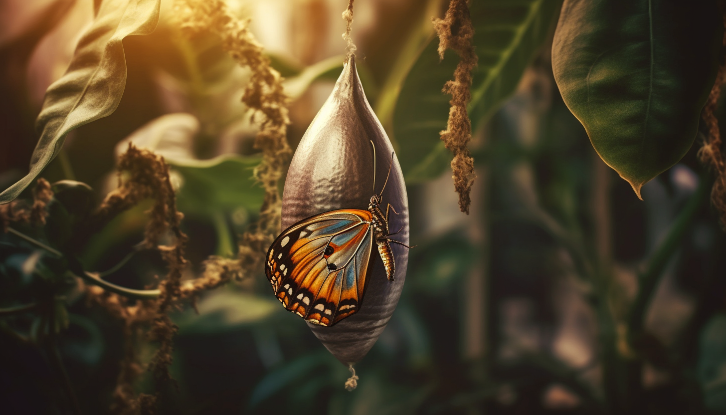 A fragile cocoon attached to a leaf, a butterfly's transformation in progress.