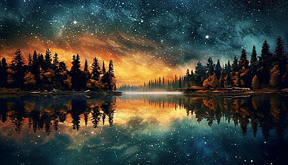 The sparkling night sky mirrored in a tranquil, secluded lake.