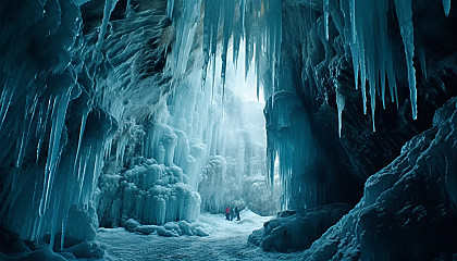 Icy stalactites hanging from the mouth of a frigid cave.