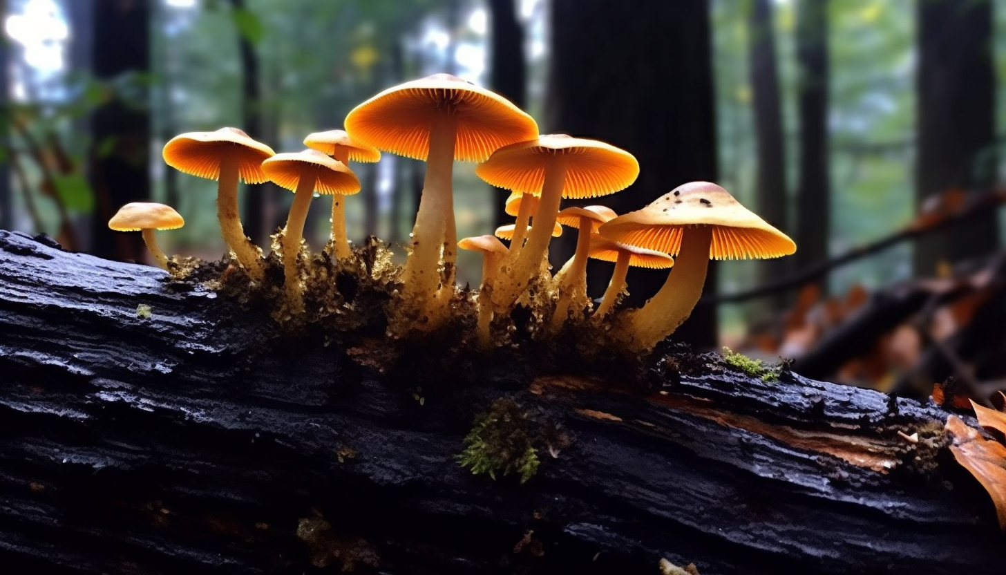 Brightly colored fungi growing on an old log in a forest.