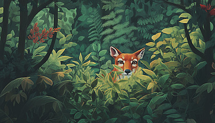 Curious wildlife peeking through the foliage in a dense forest.