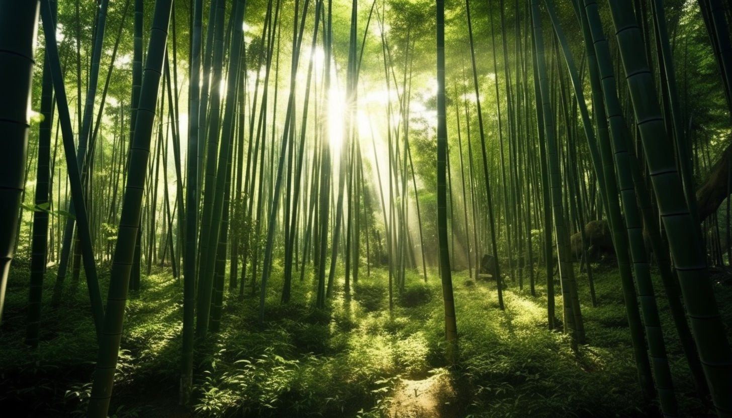 Sunlight filtering through a dense bamboo forest.