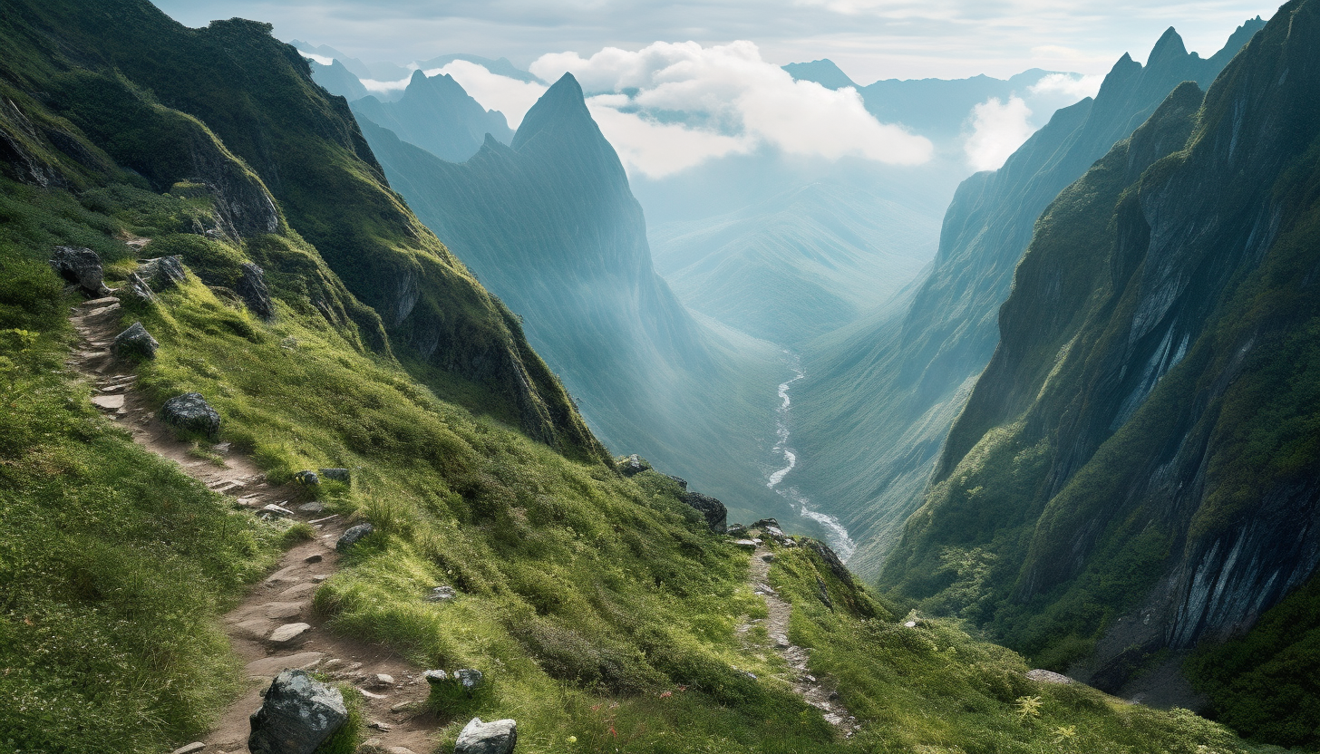 A narrow trail winding up a mountainous terrain.