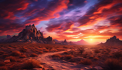 Fiery skies at sunset over a tranquil desert.