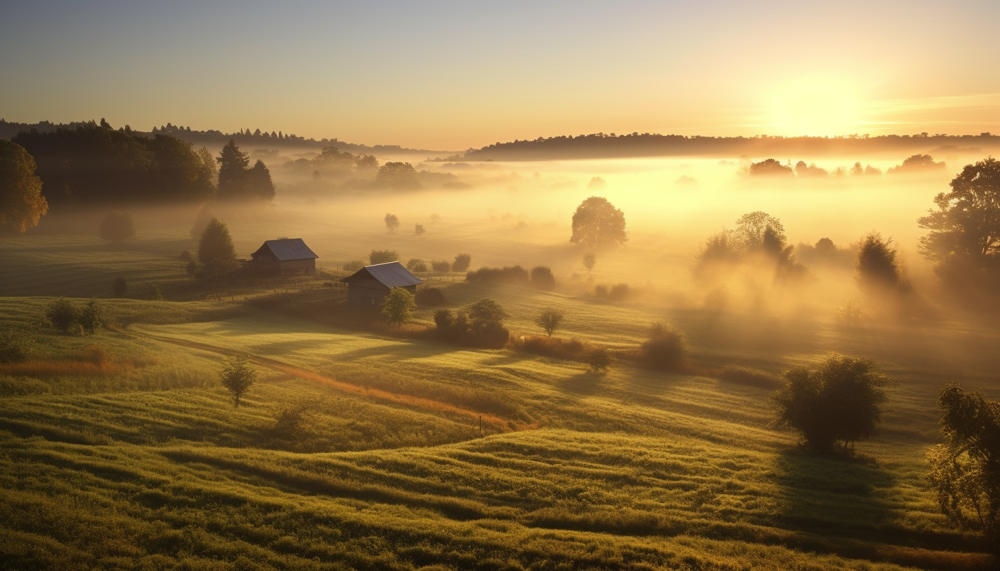 Morning mist rolling over peaceful farmlands.