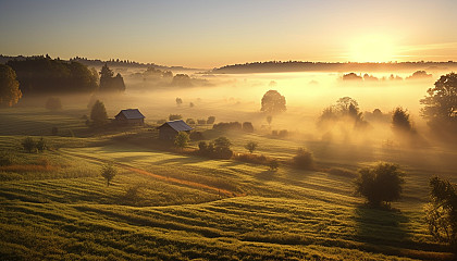 Morning mist rolling over peaceful farmlands.