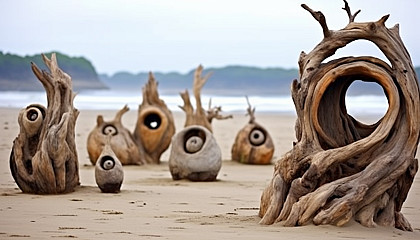 Driftwood sculptures naturally formed on a sandy beach.