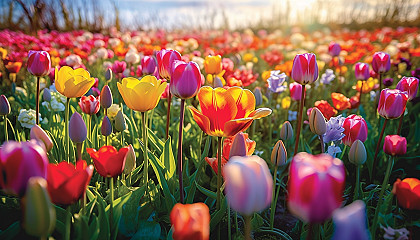 An array of multicolored tulips blooming in a field.