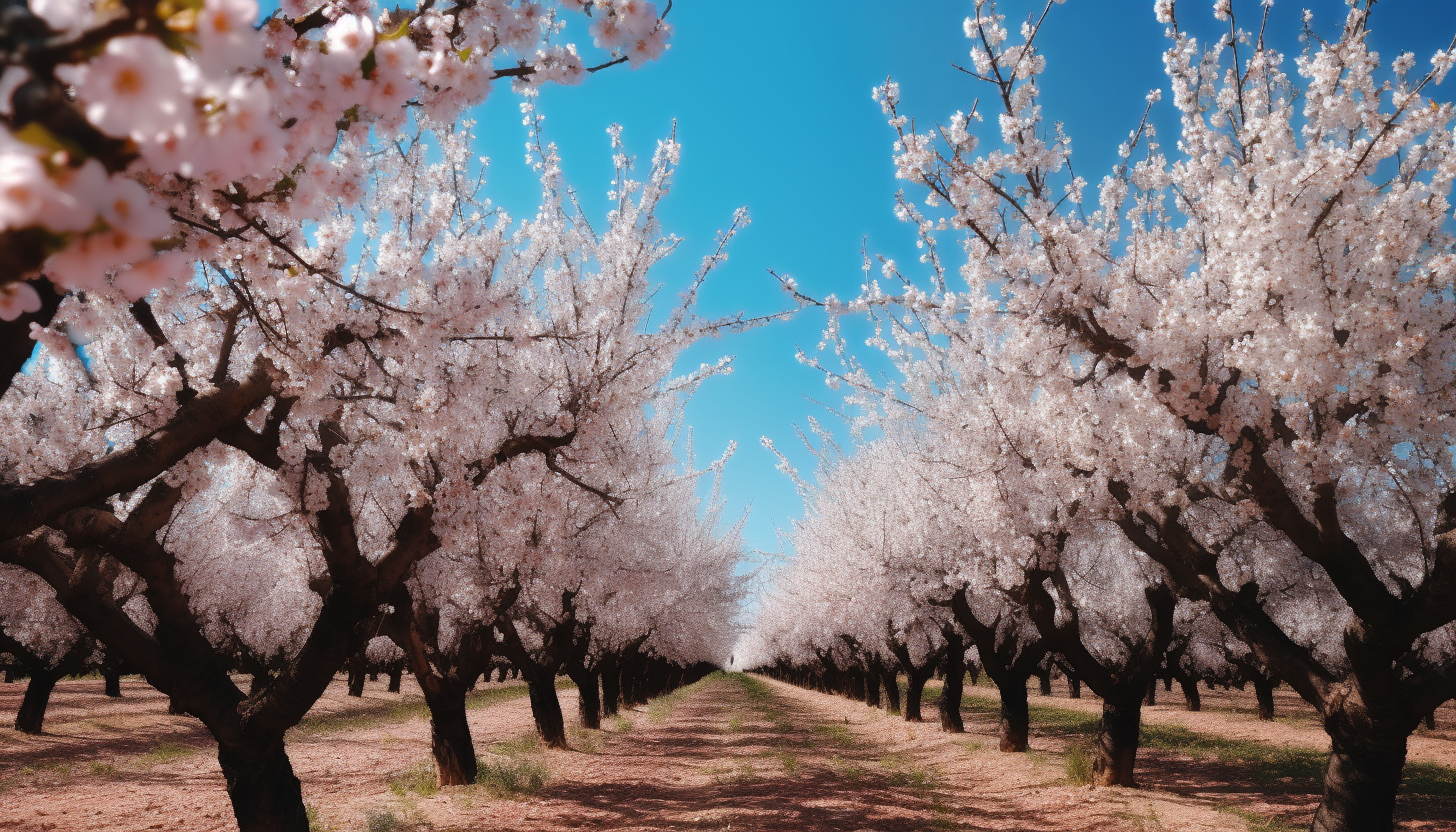 A grove of blossoming almond trees under a clear blue sky.