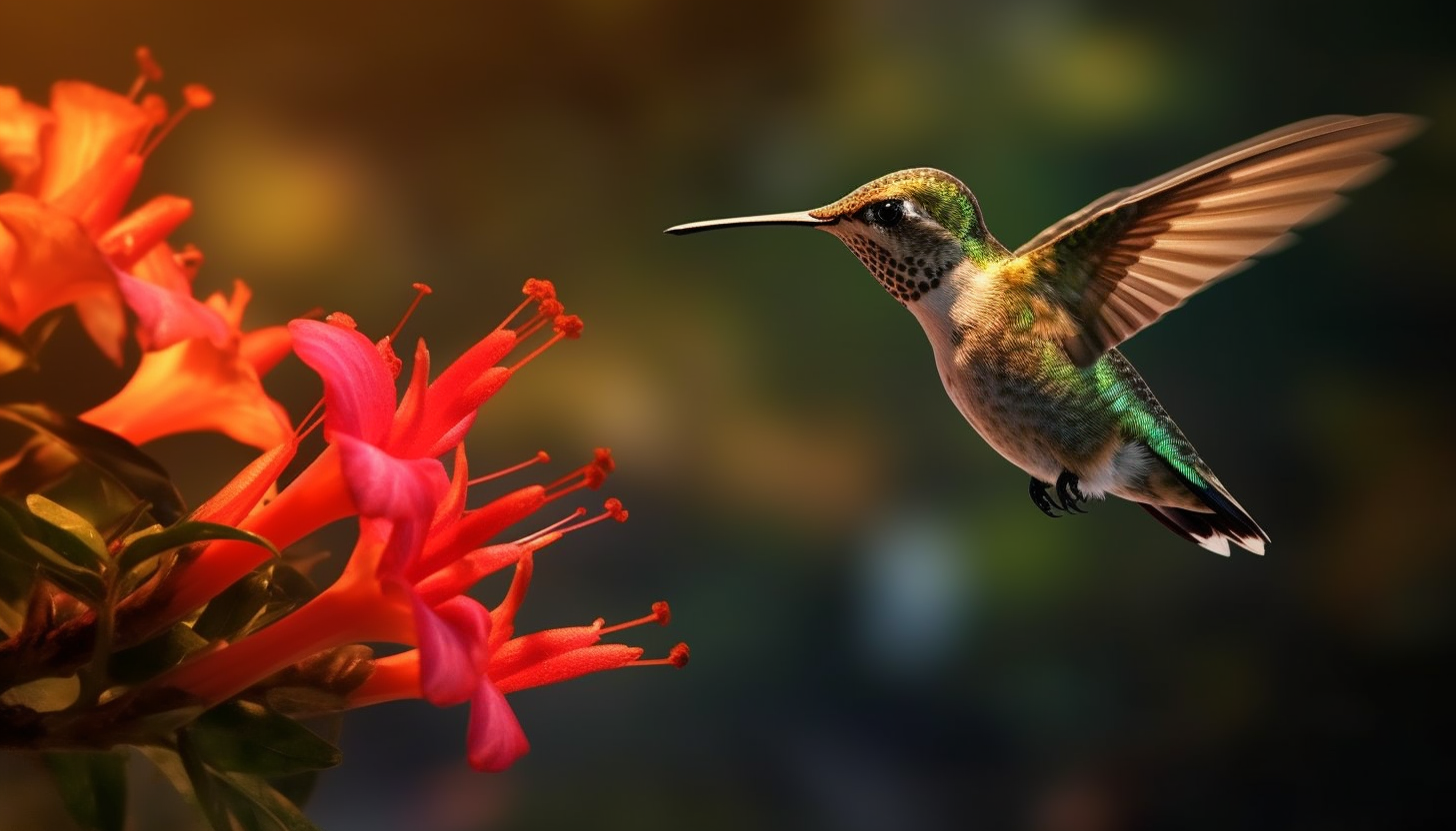 A hummingbird mid-flight, sipping from a bright flower.