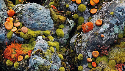 Brightly colored lichen growing on rocks in vibrant patterns.