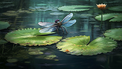 A dragonfly resting on a lily pad in a quiet marsh.