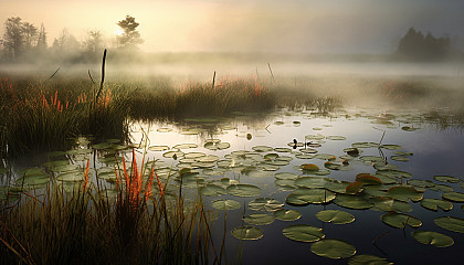 A misty marshland teeming with reeds and water lilies.