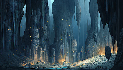 A cavern with intricate stalactite and stalagmite formations.